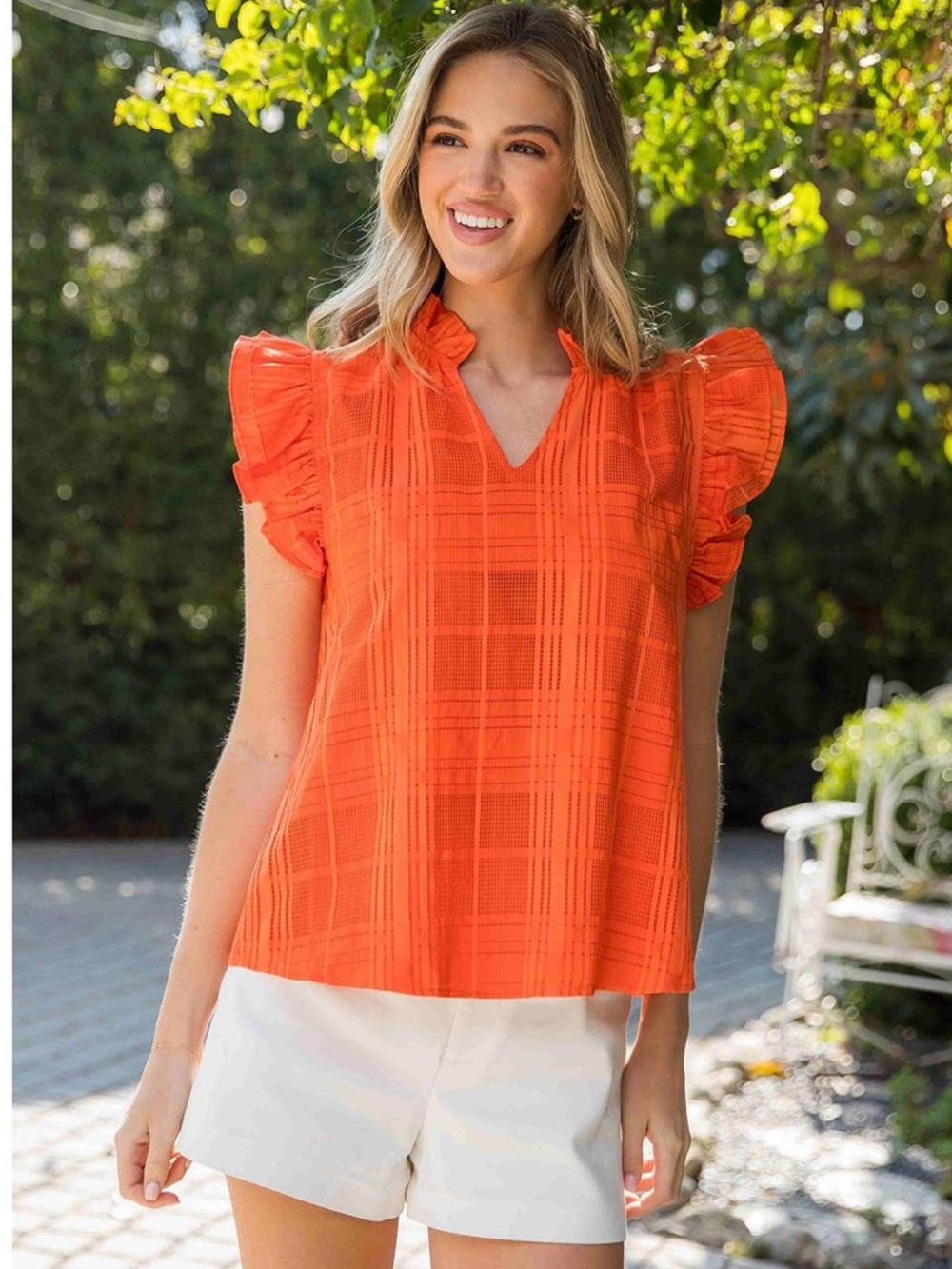 THML Orange Ruffle Sleeve V-Neck Blouse